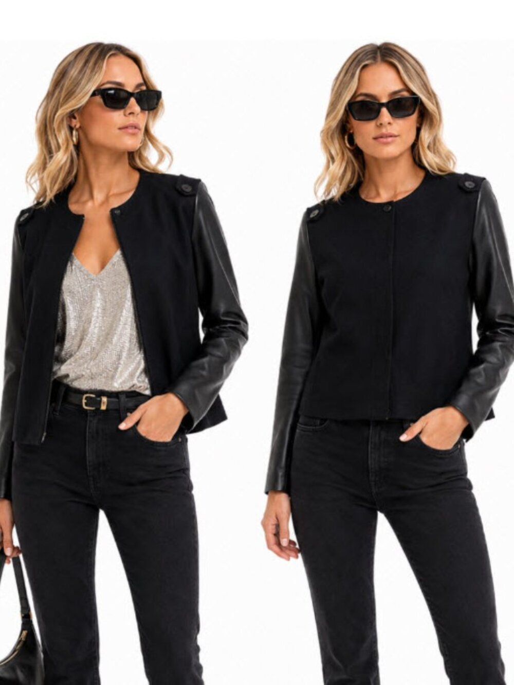Judith & Charles Black Leather Sleeve Wool Jacket Minimalist size 4